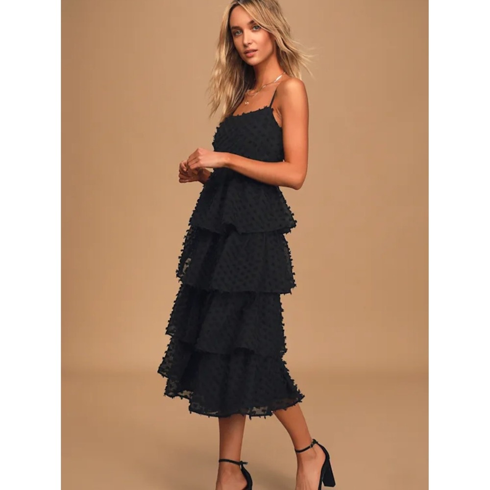 Lulus XS Black Swiss Dot Tiered Midi Dress Sleeveless Ruffle Cocktail HOCO LBD